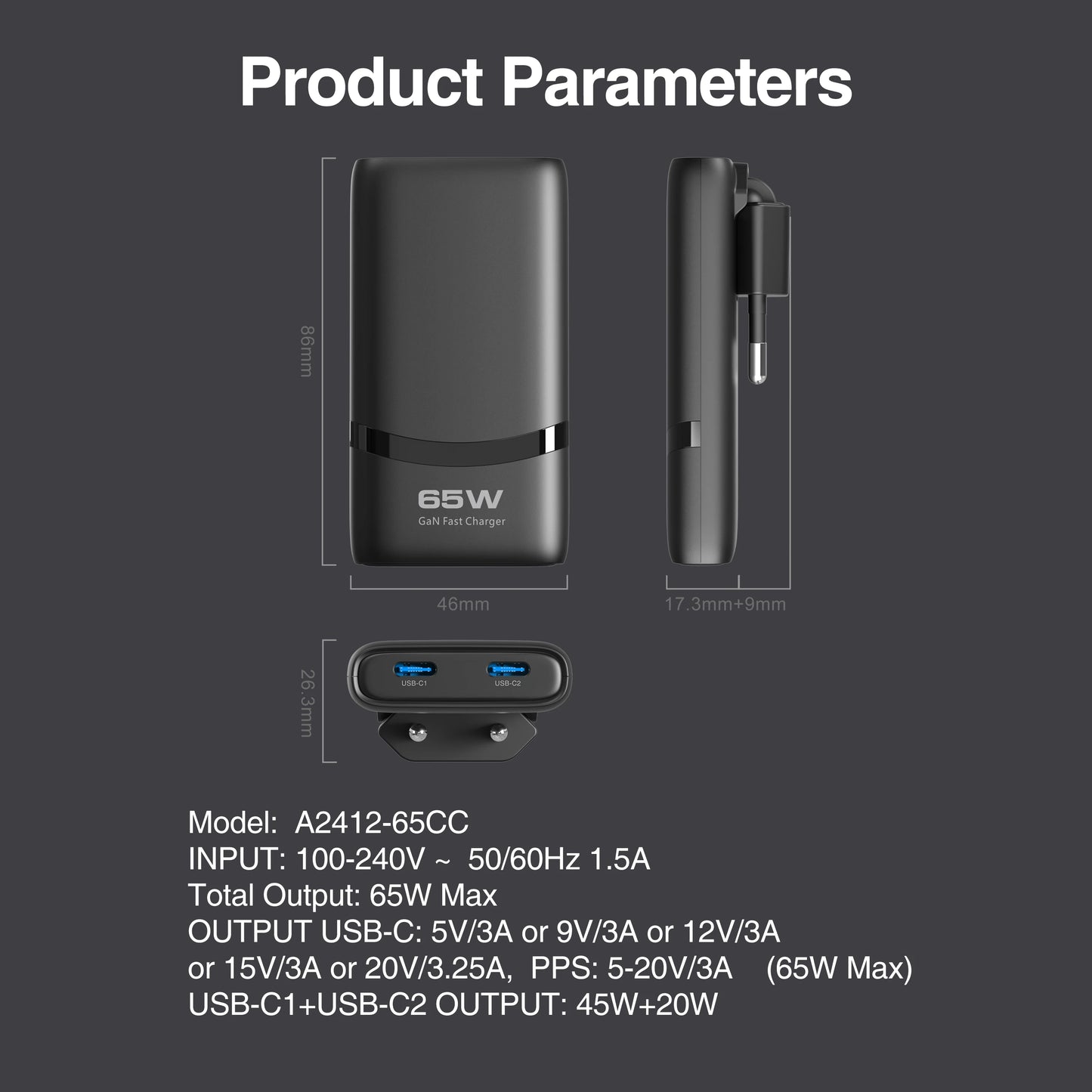 Caricatore GaN 65W Ultra Compatto – Doppia Porta USB-C con Ricarica Rapida